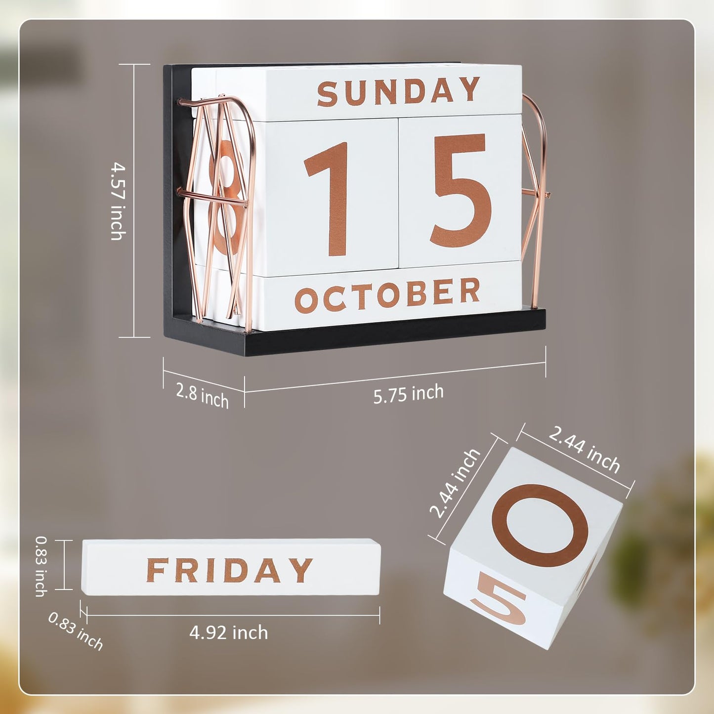 DEERINE Wooden Perpetual Block Calendar for Desk, Rose Gold Daily Desktop Desk Calendar, Modern Farmhouse Aesthetic Desk Accessories for Home Office Decor, Teacher, Classroom, Reusable Yearly