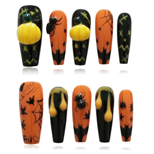 Tesytto Halloween Press on Nails Ballerina Shape Long Coffin - Black Base with Ant Web Bat Dripping Effect 3D Nail Art for Women & Girls (Pumpkin Bat Silhouette,S)