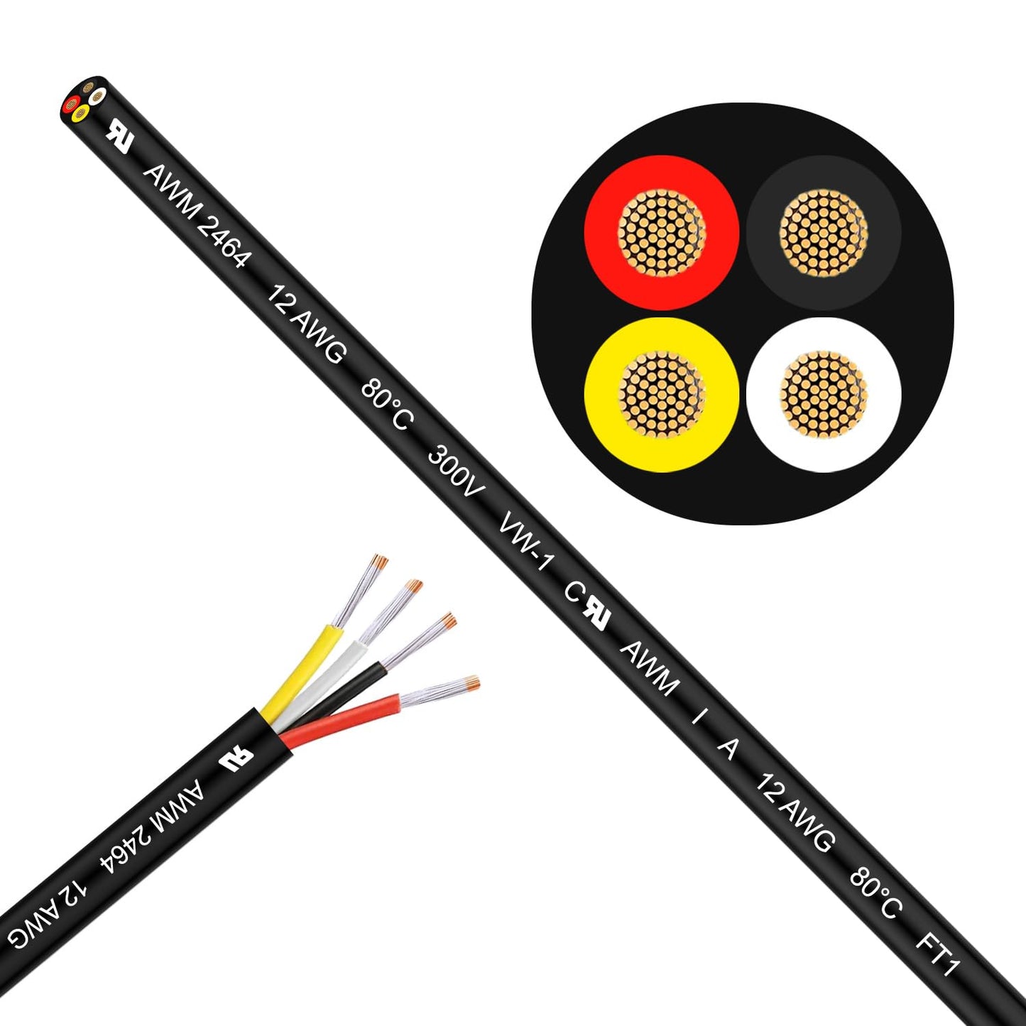 LINKSQ UL2464 50FT 12 Gauge 4 Conductor Electrical Wire, Tinned Oxygen Free Copper 4 Wires, 12/4 AWG Landscape Wire, OFC Speaker Cable, Low Voltage Wires, Automotive Battery Wire Cable