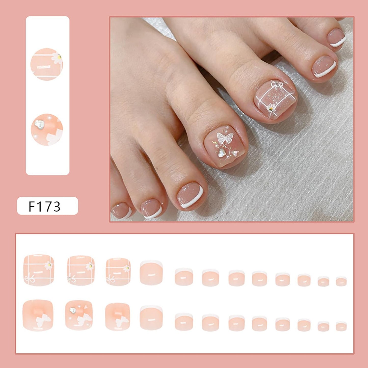 FIEONCIY Press on Toenails with Designs Acrylic Fake Nails for Toe Artificial False Nails with Charms Glue on Toe for Spring Summer Stick on Toenails for Women Girls(F173)