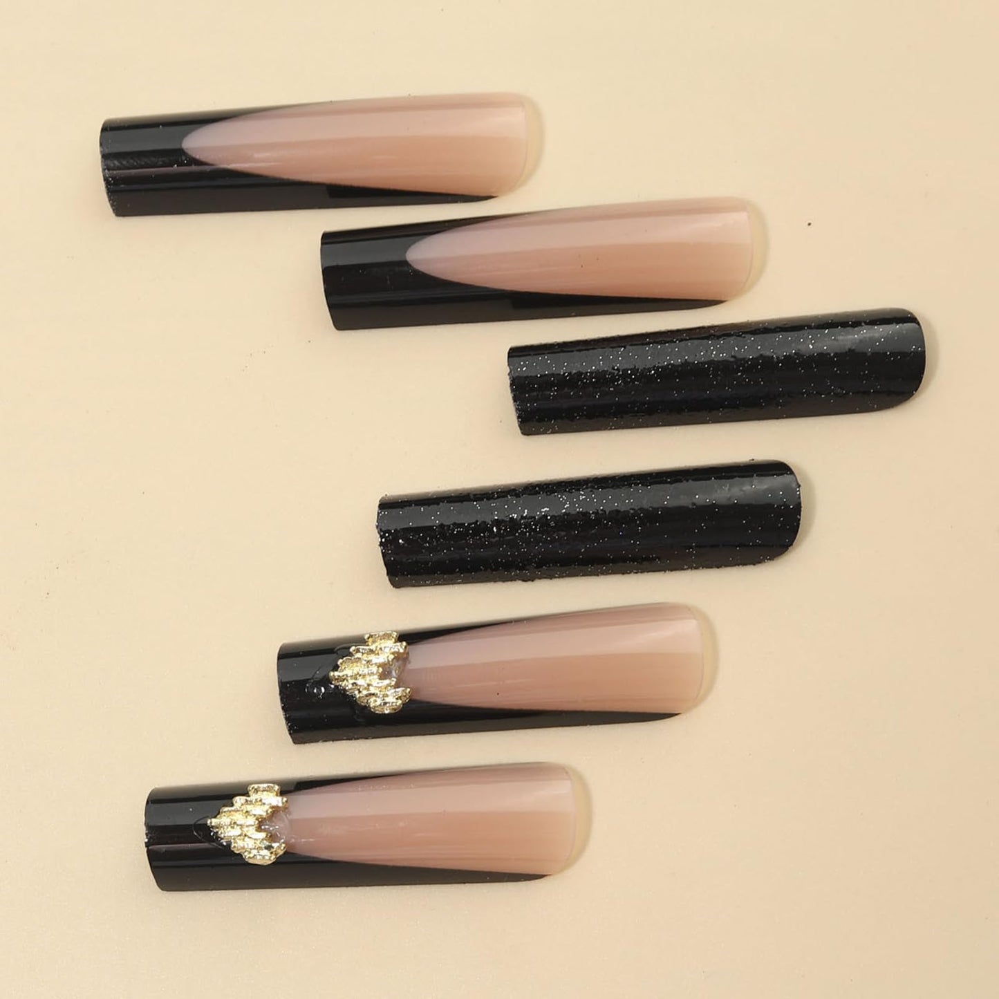 Press on Nails Extra Long - Aegenacess Square Press On Nails with 3D Heart and Rhinestones, Nude French Tips Y2K Fake Nails with Glue Sticker, Handmade 24 pcs Stick On Nails False Nail in 12 Sizes