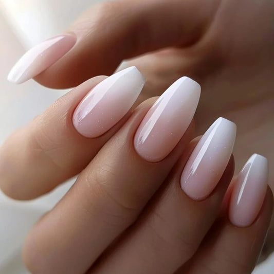 Gradient French Press on Nails Medium Ballet Fake Nails White French Tips False Nails Full Cover Nude Gradient Glossy Reusable Acrylic Nails for Women Girls Party DIY Manicure Decoration 24Pcs