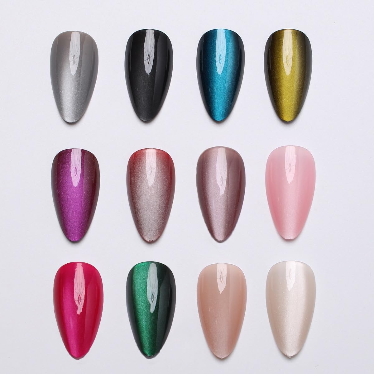 288Pcs Cat Eye Press on Nails Almond Shape 12 Color Glitter Fake Nails Medium, Sparkle Glass Nails Press on, Shiny Acrylic Glue on Nail Gradient Stick on Nail for Women Manicure