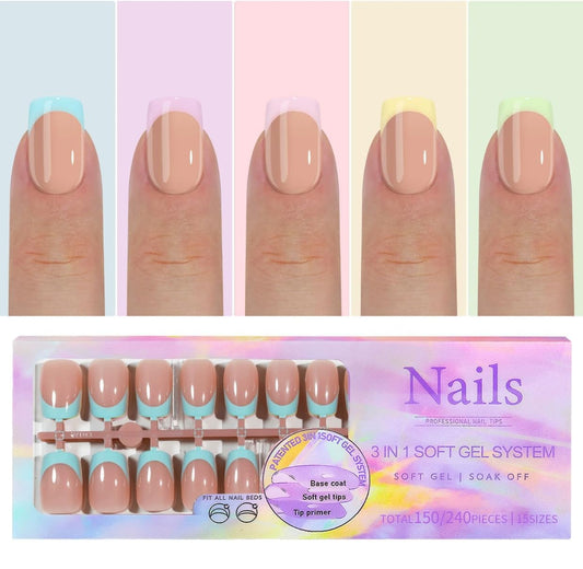 Wsiliana French Tip Press On Nails Short Square Soft Gel Nails in 5 Color Charm Design, 3-in-1 Seamless Design with High Elasticity,DIY Soak Off Fake Nails 15 Sizes, 150Pcs (Multicolor 07)