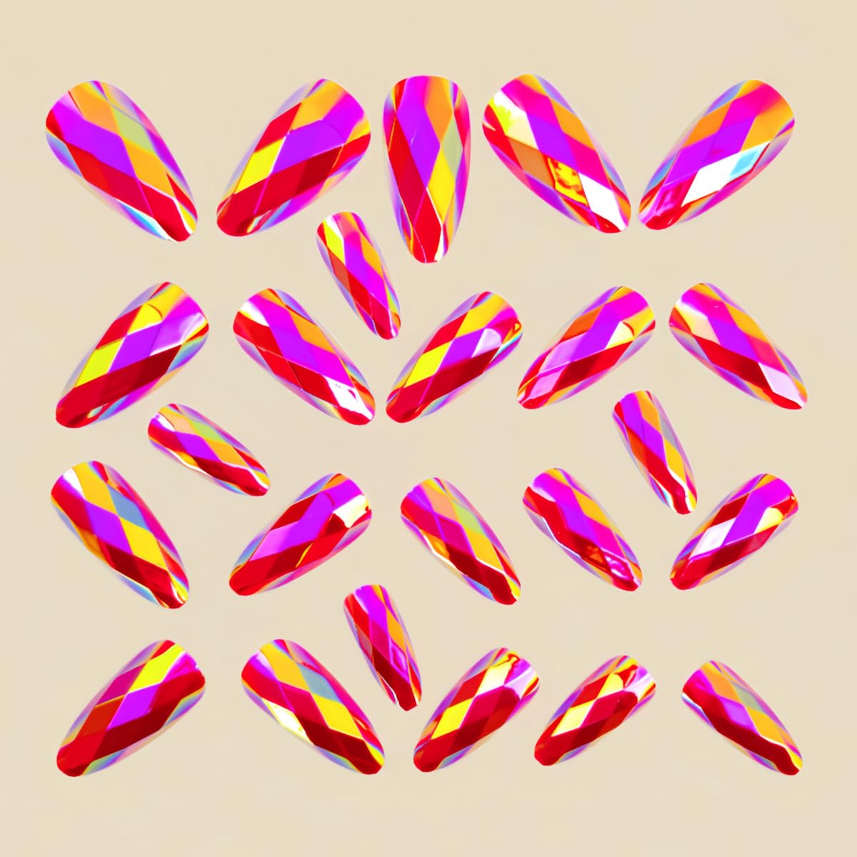 Orange-Pink Rhombus Electroplated Press on Nails Almond Fake Nails Designs Orange Chrome Diamond Grid False Nails 3D Mirrored Metal Full Cover for Women Girls Daily Wearable Manicure Decoration 24Pcs
