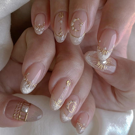 Stbisen French Nude Press On Nails Almond, Short Fake Nails with 3D Gold Moon and Star Design, Glitter French Tip and Pearl Accents, Glossy Reusable Glue On Nails Kit for Women, 24Pcs