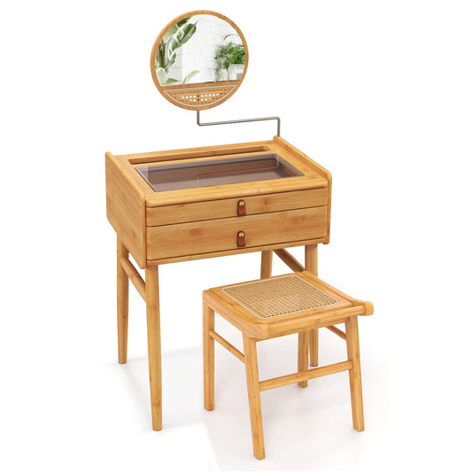 CHEFJOY Boho Vanity Desk with Mirror, Bamboo Makeup Vanity Table & Stool Set with 2 Storage Drawers & Tempered Glass Table Top, Small Dressing Table Set for Bedroom, Living Room
