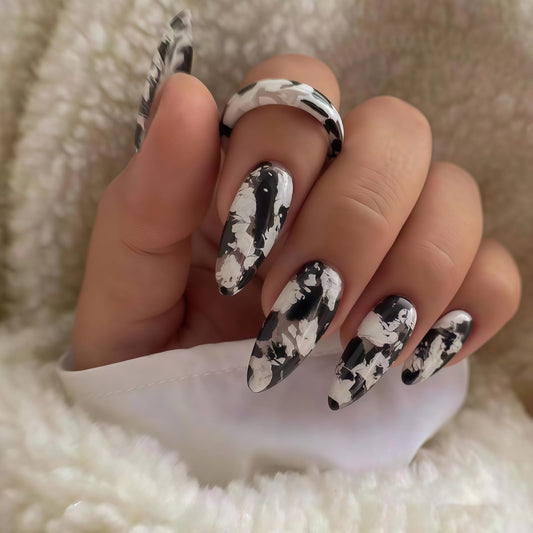 Medium Almond Press on Nails - Black White Fake Nails with Marble Designs False Nails Glossy Glue on Nails Reusable Full Cover Stick on Nails for Women Manicure 24Pcs