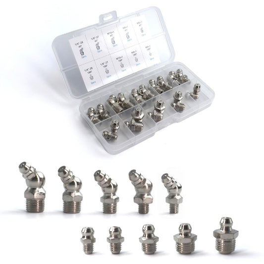 20 PCS SAE & Metric Grease Fittings Assortment, Hydraulic Grease Gun Fittings with 1/4'' 1/8'' M6 M8 M10 Straight, 45 Degree Zerks Kit for Automotive Industrial Machinery Lubrication