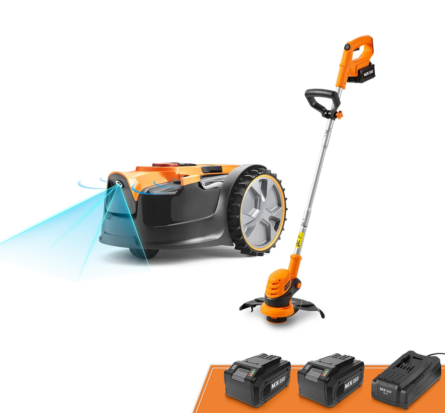 LawnMaster OcuMow™ Robot Lawn Mower with Cordless 24V MAX 10” Grass Trimmer Combo Kit Perimeter Wire Free for Small Yards 2000-4000 Square Feet Optical Navigation Automatic Obstacle Avoidance Spot Cut