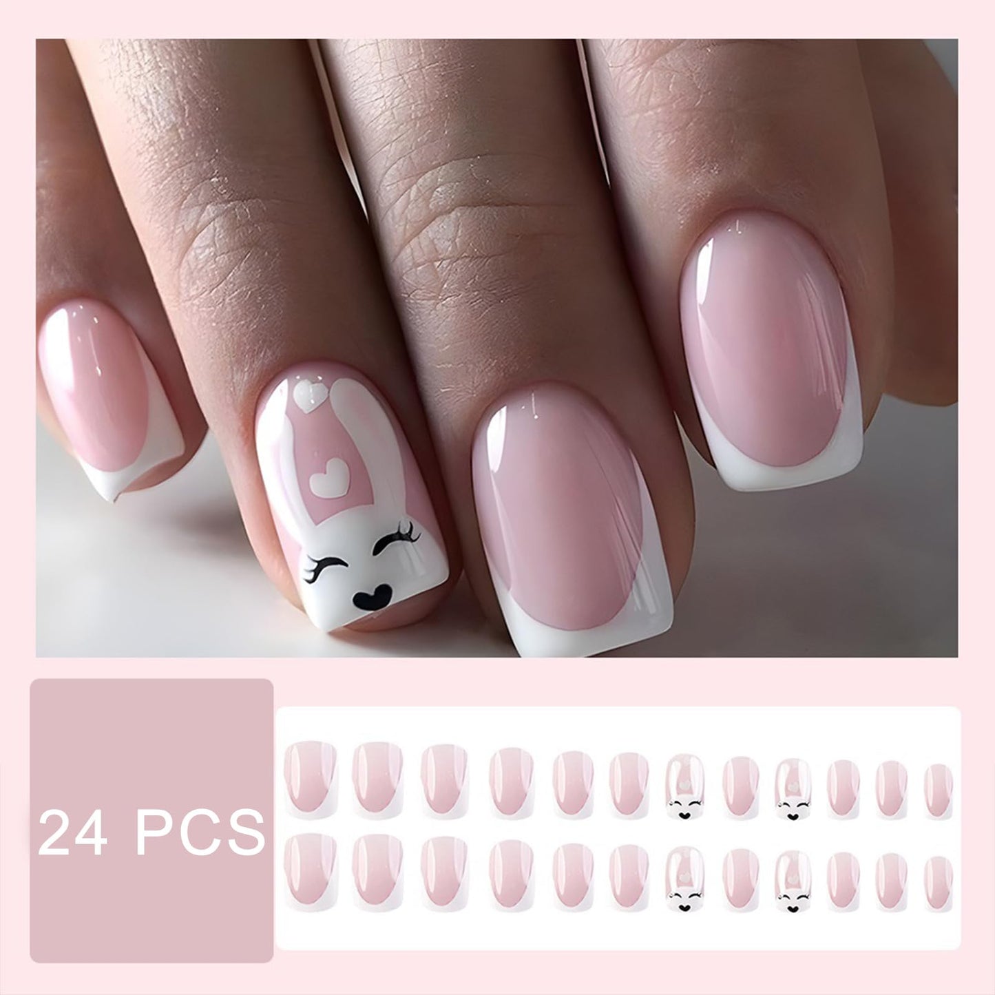 Easter White French Press on Nails Short Square fake Nails Cute White Rabbit False Nails with French Design Stick on Nails for Women Girls Manicure Decoration 24 pcs