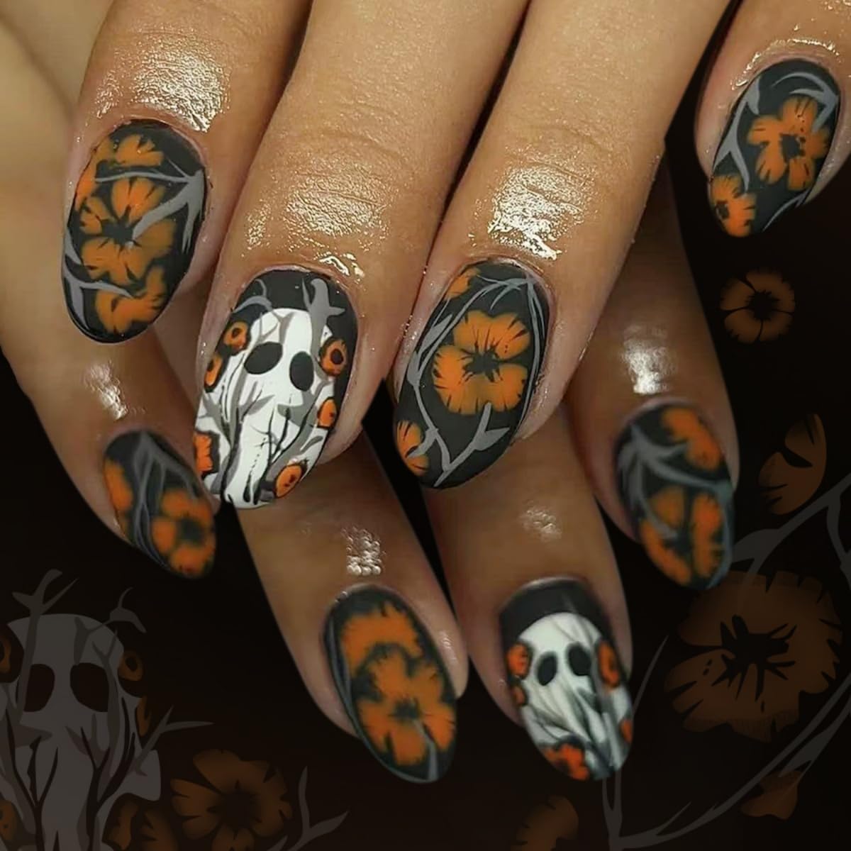 24Pcs Halloween Press on Nails Short Almond Fake Nails with Ghost Yellow Flower Design Stick on Nails Spooky False Nails Handmade Full Cover Acrylic Glue on Nail for Women Girl Nail Art Decoration