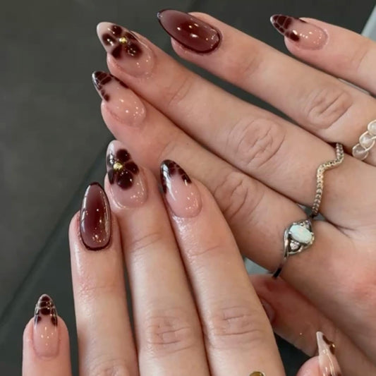 LBPEPAMZ 24Pcs Brown Flower Press on Nails Medium Almond Fake Nails with 3D Gold Beads Design Crocodile Pattern French Tip Acrylic False Nails Winter Autumn Pink Full Cover Stick on Nails for Women