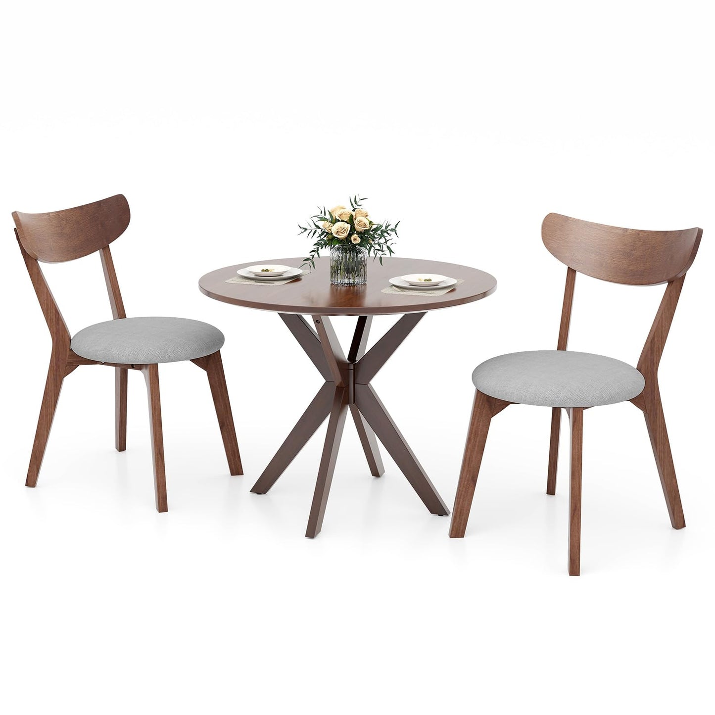 NAFORT Round Dining Table Set for 2, Mid-Century Modern Bistro Table and Chairs, Wood Kitchen Table w/Cushioned Chairs, Compact 3 Piece Dinette Set for Office, Small Spaces, Kitchen, Breakfast Nook