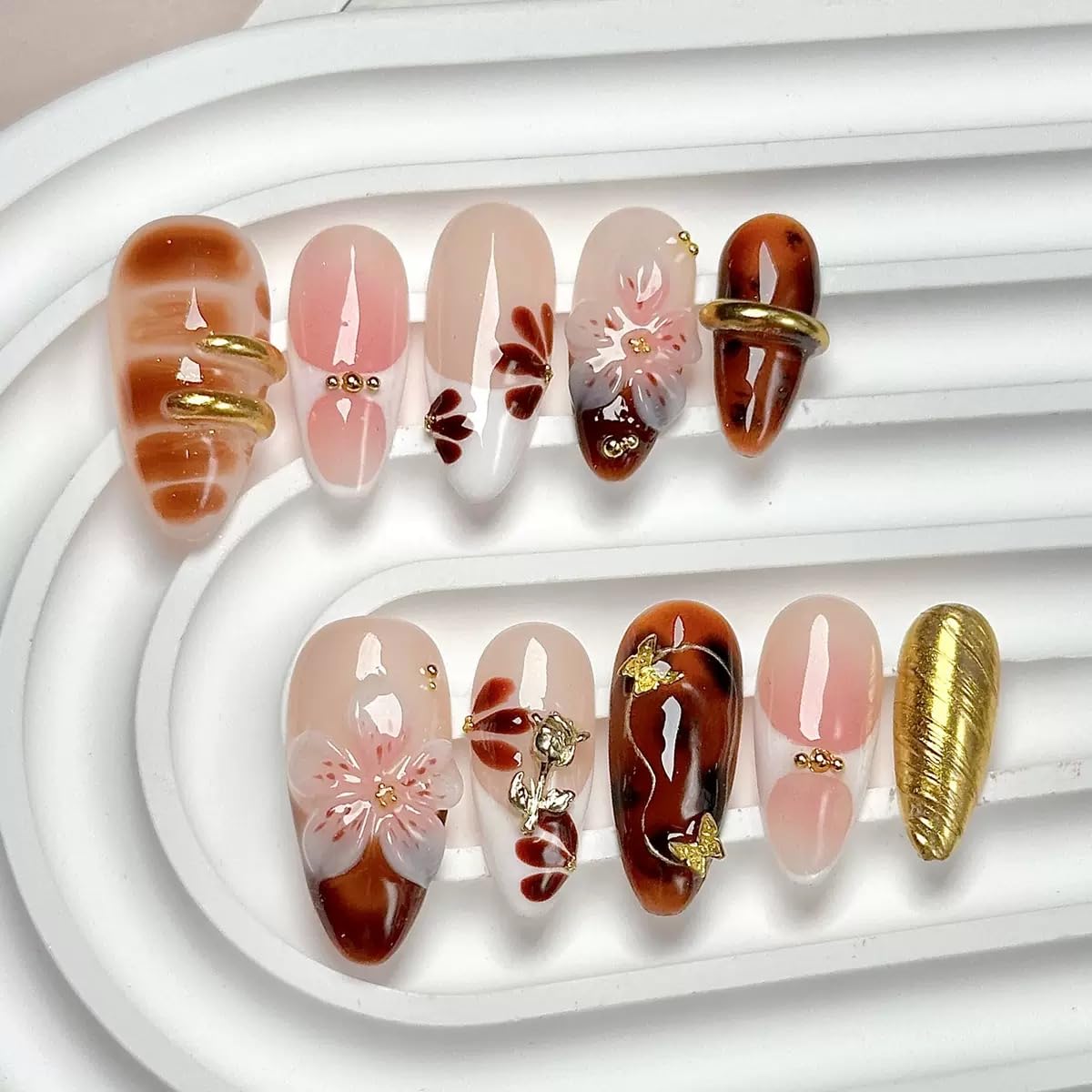 Medium Press on Nails Almond - Handmade Fake Nails with 3D Flower Design - Gold, Brown False Nails Press ons - for Women (Size L)