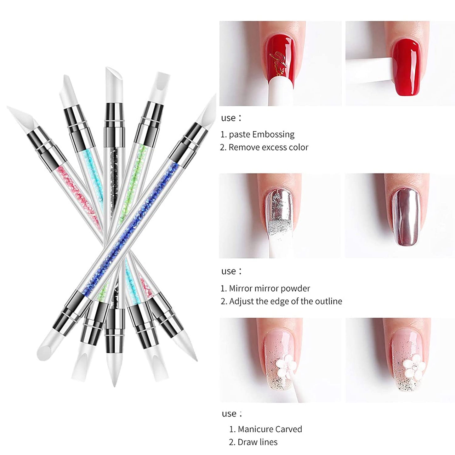 SILPECWEE 10 Pieces Dual Tipped Silicone Nail Tools Nail Art Sculpture Pen Rhinestone Nail Polish Carving Pen Acrylic Nail Brush Nail Art Brushes Nail Painting Kit for Salon DIY