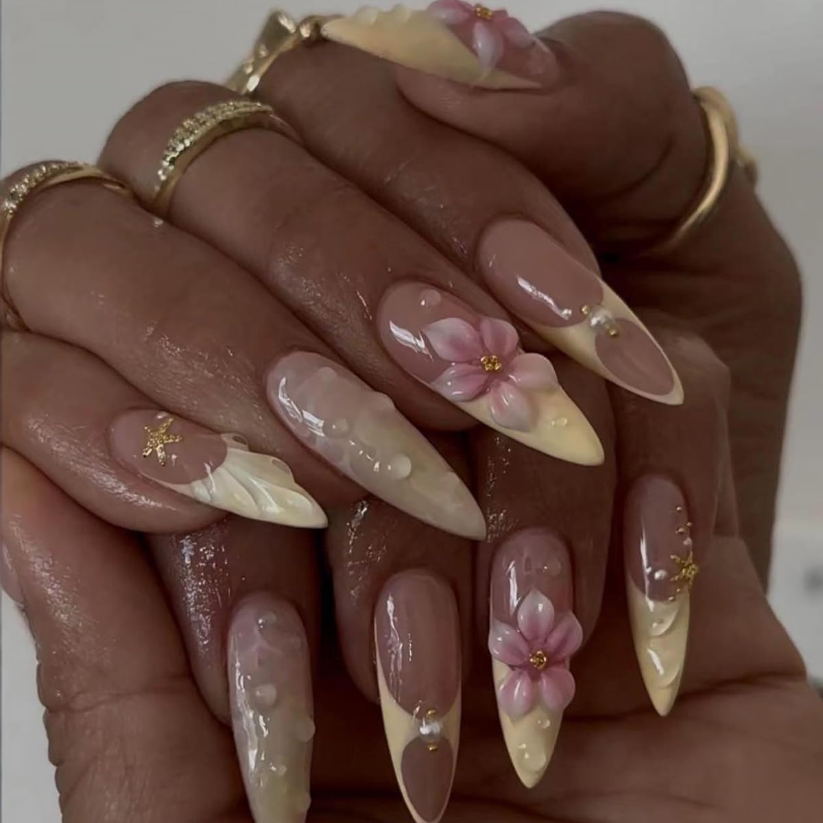 24Pcs Flower Press on Nails Medium Almond Fake Nails Yellow French Tip False Nails with 3D Pink Flower Dewdrop Design Pearl Gems Artificial Stick on Nails Full Cover Glue on Nail for Women Manicure