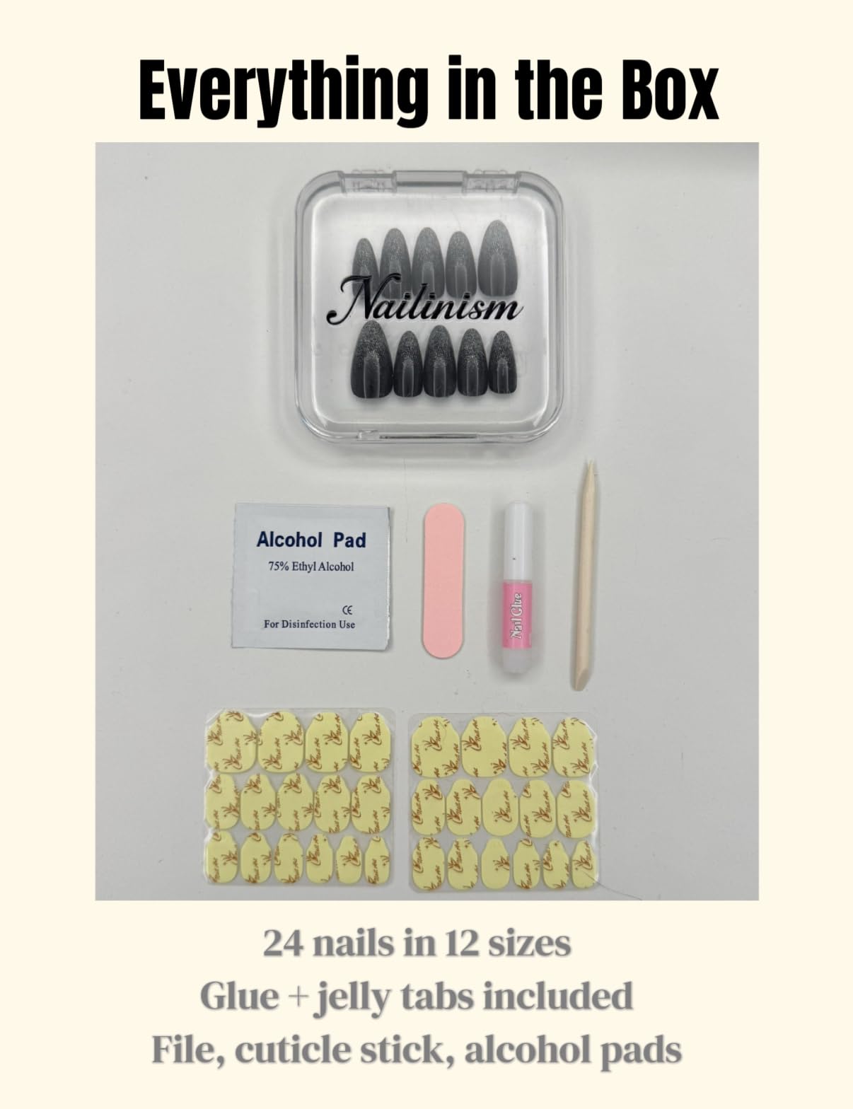 Black Glitter Press on Nails Medium Almond, Y2K Syle, Good for Music Festival, Parties, Daily Wear, Cool-Toned Shimmer Soft Gel Fake Nails, Salon Quality 24pcs Reusable Kit by Nailinism