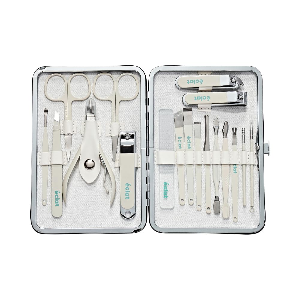Éclat Manicure Pedicure Kit for Men & Women, 18Pcs Finger & Toe Nail Care Tools Includes Nail Clipper Cutter, Tweezer, File, Cuticle Pusher, Personal Care Professional Grooming Set With Travel Case