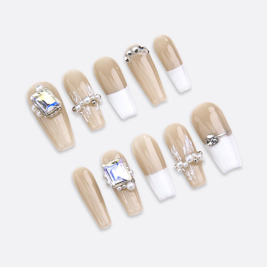 SIYOU Beauty | Crystal Coffin French | Beige and White French Tip Rhinestone Long Coffin Press On Nails for Women (Medium) - Reusable, Salon-Quality Fake Nails (10pc)