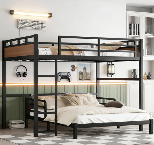 Bellemave Detachable Bunk Bed Queen Over Queen, Metal Bunk Bed with Guardrails, Queen Size Loft beds for Kids, Teens & Adults（Walnut Color）