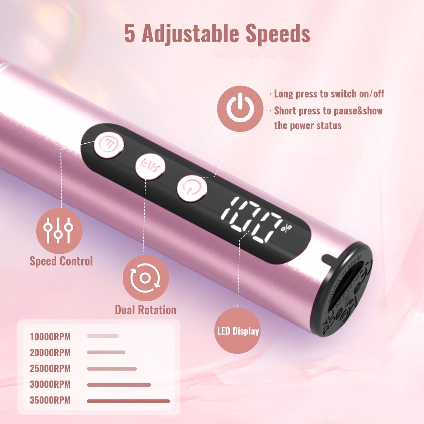 Denabuty Cordless Electric Nail Drill File: 35000RPM Professional Nail Drill Machine with UV LED Nail Lamp Charging Base, Manicure Pedicure Kit E File for Acrylic Gel Dip Powder Polish Pink