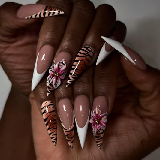 SINHOT Stiletto Press on Nails Long Fake Nails Glossy Glue on Nails Zebra Stripes Acrylic Nail 3D Flower Almond Artificial Nail White French Tip Stick on False Nail with Design 24 pcs