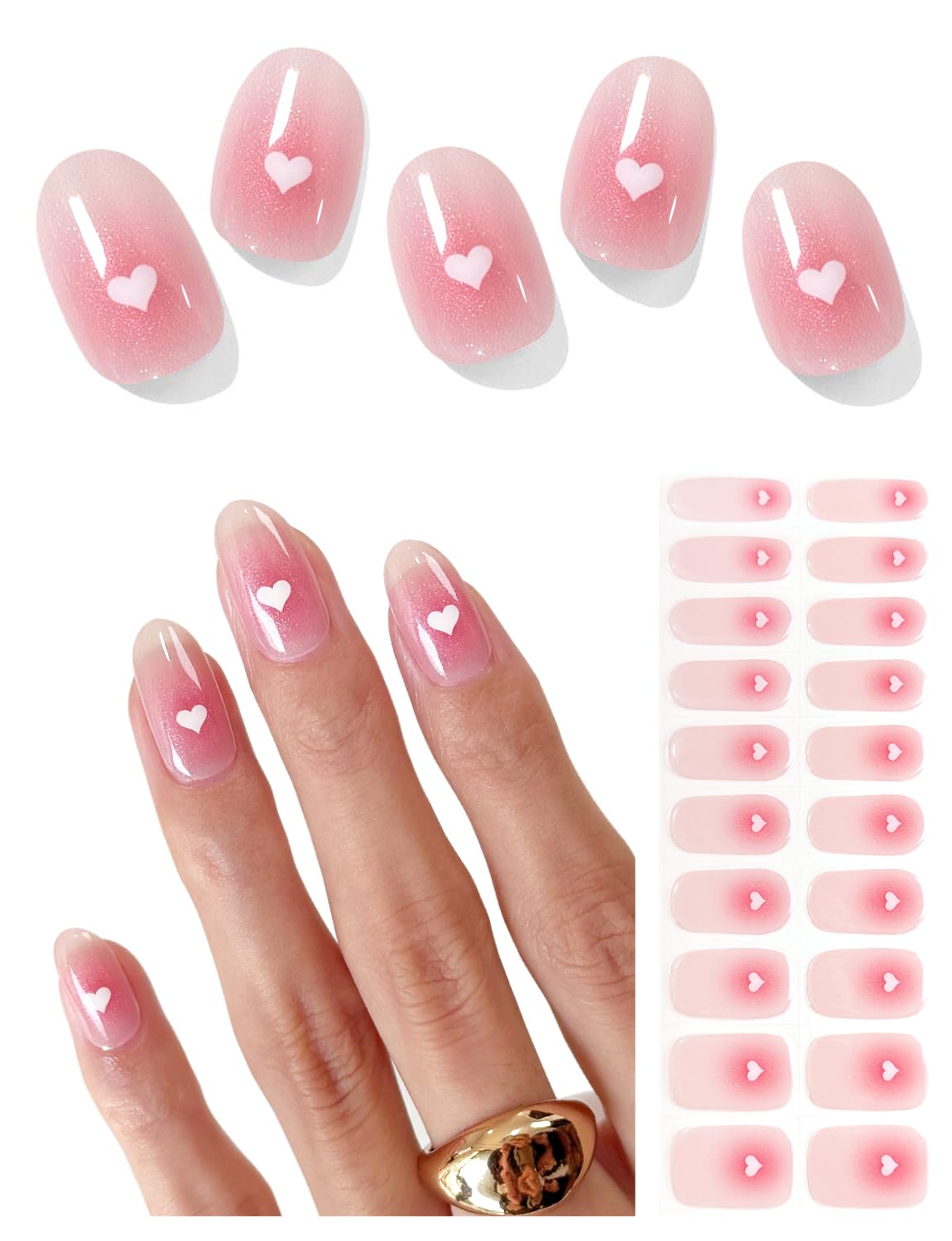 AutyaMee Semi Cured Gel Nail Strips (Pink Blurred Heart), Valentine's Day, 20 Pcs Gel Nail Wraps, Stickers, Salon Quality, Works with Any UV Lamps
