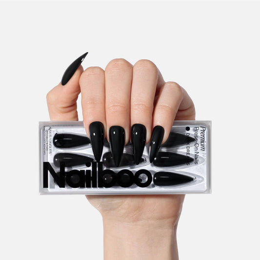 Nailboo Press On Nails, Salon-Quality Reusable Fake Nails for Fast DIY Manicure with Strong Hold Nail Glue for Press Ons, Nail File, & Alcohol Prep Pads, Dark Dreams, Stiletto