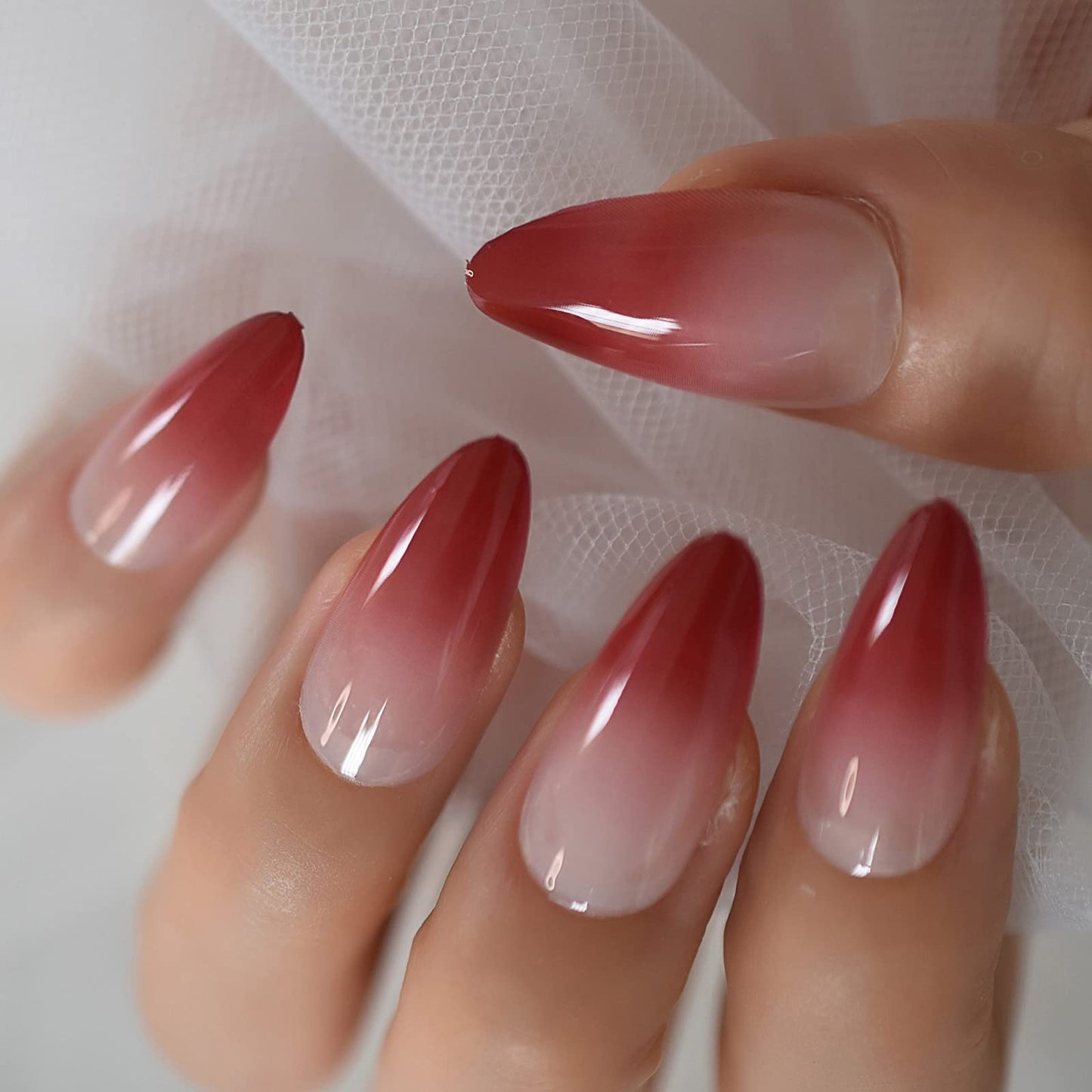 Coolnail Red Ombre Press on Nails Gradient UV Finish Design Medium Long Almond Shape False Fake Nail Pointed Reusable Nail Kit for Women