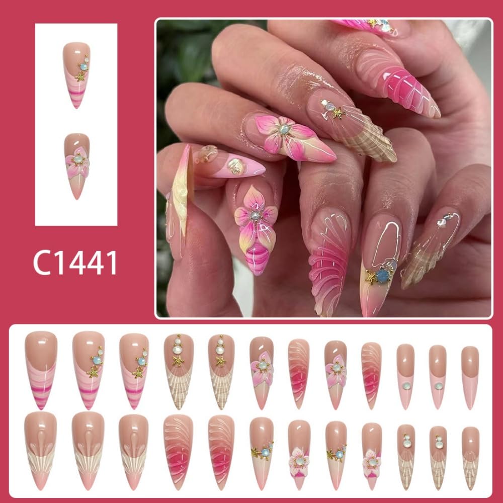 Almond Press on Nails Long Glue on Nail with 5D Rhinestones Flower Design Glossy Waterdrop Shell Acrylic Nails Reusable Ombre French Tips Fake Nails Stiletto Gold Star Nail for Women Manicure 24Pcs