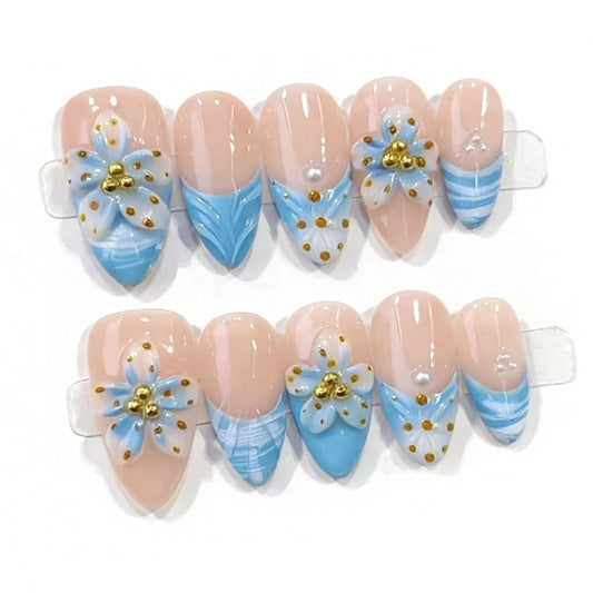 Handmade Press On Nails – Medium Almond False Nails for Women, Reusable Acrylic White French Tip with Flowers & 3D Pearl Design – Salon Quality Fake Nails 10Pcs(S)