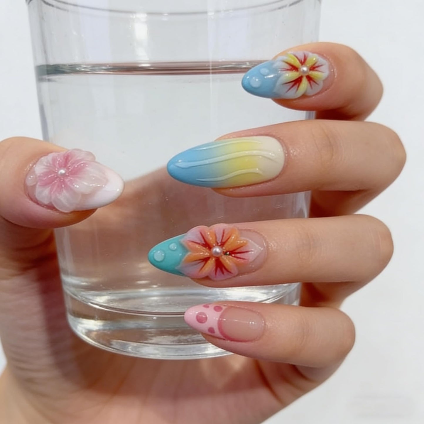 Floral Handmade Medium Almond Press on Nails Nude Pastel 3D Floral Gradient Wave Pearl Details Glossy Finish Reusable Spring Nails Easy Apply Fashion Wear Durable Trendy Women Girls Nail Art 24 Pcs(S)