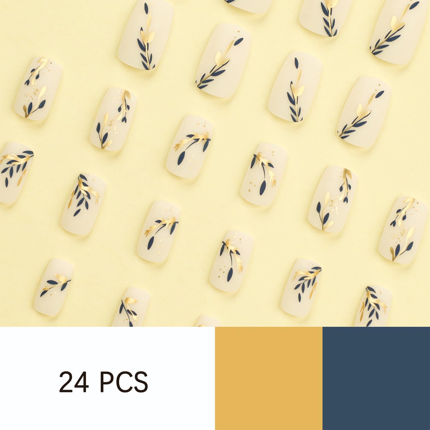 Gold Blue Leaves Press on Nails Medium Square Fake Nails Spring Summer White Matte False Nails Gold Foil Design Acrylic Glossy Artificial Fingernails Spring Stick on Nails for Women 24Pc