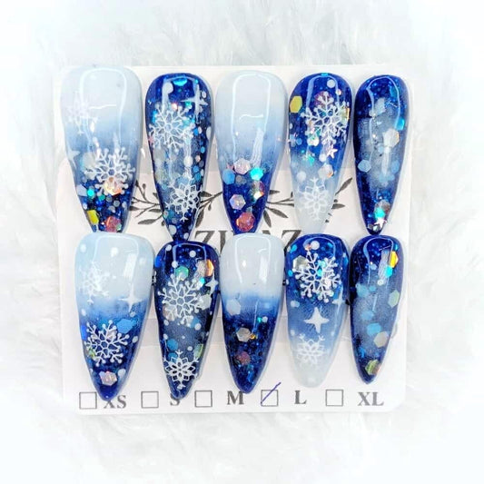 Azilaz Winter Snowflake Press On Nails, White and Blue Ombre Medium Stiletto Shape, 10-Piece Handmade,(Extra Small)