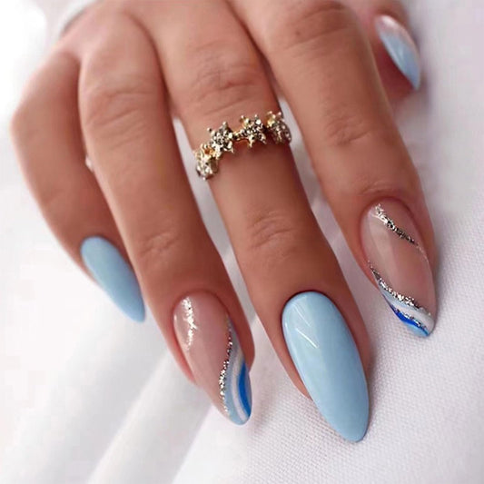 FJSMTOPl Blue Press on Nails Almond Fake Nails Press ons Medium False Nails with Designs Glitter Wave Acrylic Glue on Nails Artificial Stick on Nail for Women Manicure 24Pcs