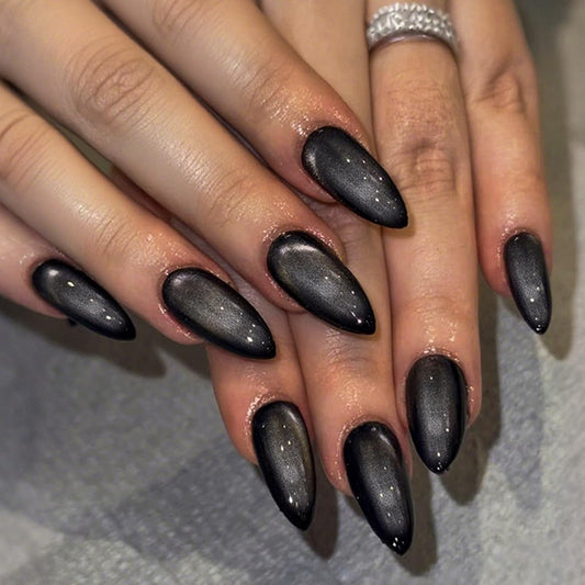 SXVME Cat Eye Black Press On Nails Medium Almond Shaped - 30 Pcs Stiletto Fake Nails Acrylic Press ons, Natural Fit, Opaque Glitter Chrome Gel Nails Stick on, Soft Gel Glue on Nails for Women, No Glue