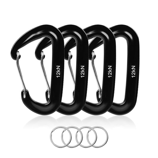 4-Pack Carabiner Clips Heavy Duty-12KN, 7075 Aircraft Aluminum Carabiners with Wiregate - Lightweight, D-Ring Key Hook, Fit for Hammock, Hiking, Camping, Dog Leash, Keychains（Black）