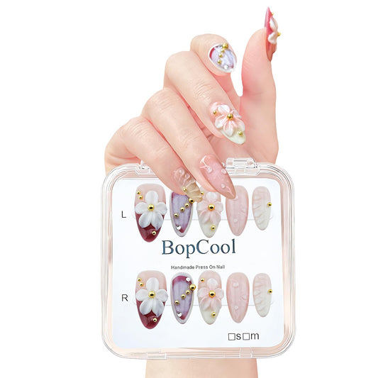 Luxury Press on Nails, Medium Almond 3D Handmade Nails, Reusable French Tip False Nails, Pink Flower Metal, Thick Acrylic ABS Nail Art (10PCS-S)