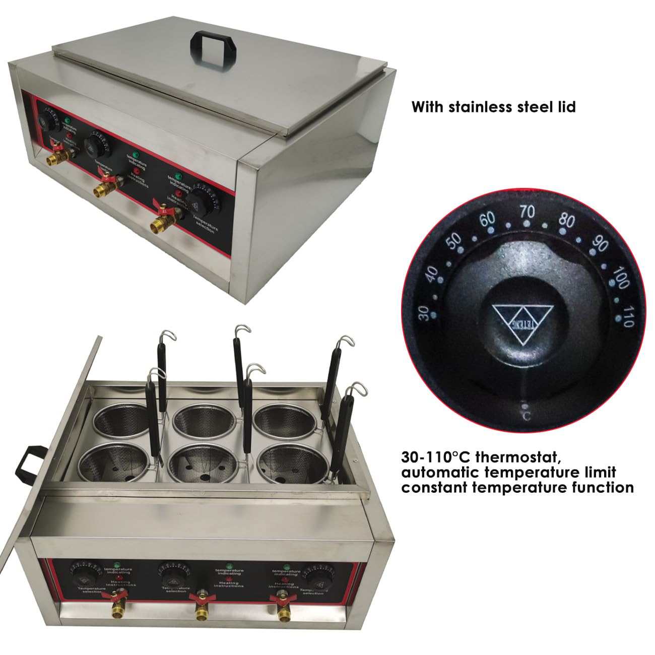 PreAsion 220V Commercial Pasta Cooker with 6 Noodle Filter Electric Pasta Cooking Machine Multifunctional Pasta Warmer Noodles Cooker 6KW for Cooking Dumplings NoodlesVegetables 30-110℃