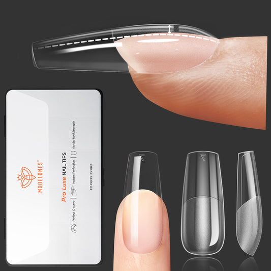 modelones Pro Luxe Instant Nail Apex Tips 15 Sizes, Medium Coffin Extension Gel Tips Pre-building & Pre-etched Thicker Strength Acrylic Fake Nails Full Cover 120 Pcs
