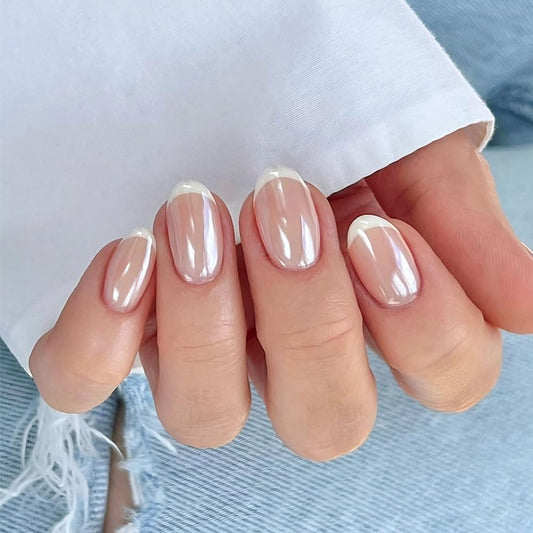 evpct French Tip Press On Nails Short Round Oval No Glue, Nude White Tips, Chrome Glazed Short Round Oval Fake False Press on Nails, Reusable Soft Stick on nail Press ons with Nail Kit, Salon-quality