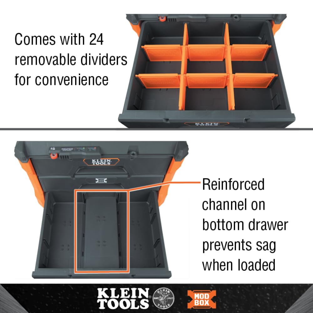 Klein Tools 54823MB MODbox 3-Drawer Tool Box Organizer, Heavy-Duty Tool Storage, Stackable Module, 50-Pound Capacity