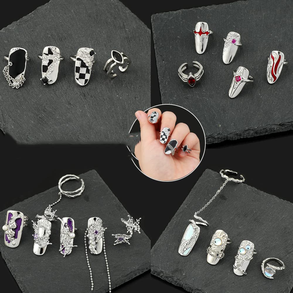 5Pcs Finger Tip Nail Rings for Women, Adjustable Opening Nail Art Charms Accessories, Finger Tip Ring Claw Rings Nail, Irregular Fingertip Nail Armor Ring Punk Jewelry Set (Green)