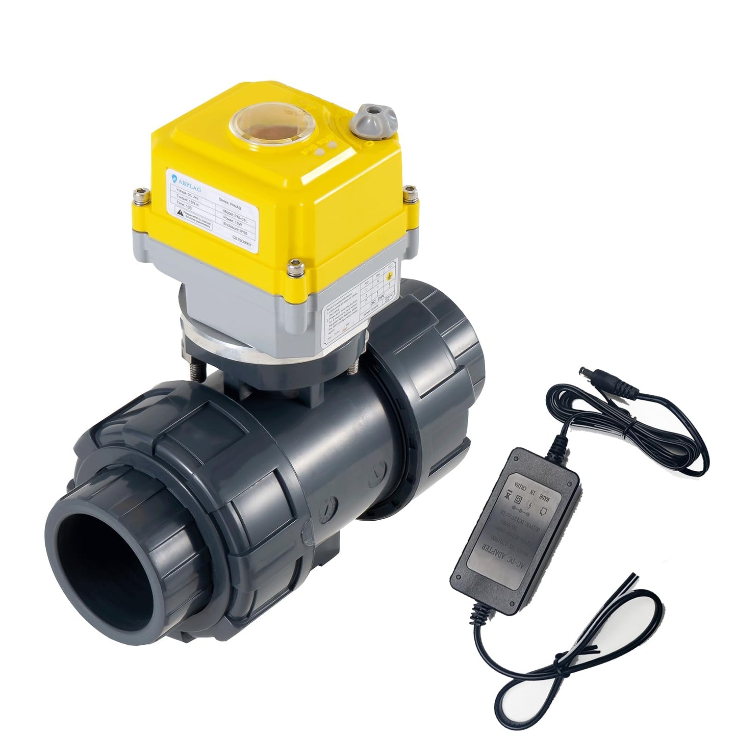 Electric ball valve 3/4 inch full bore 2-way PVC union ball valve, DC24V AC110V-230V power adapter and automatic return setting. Normally closed electric water valve DN20MM