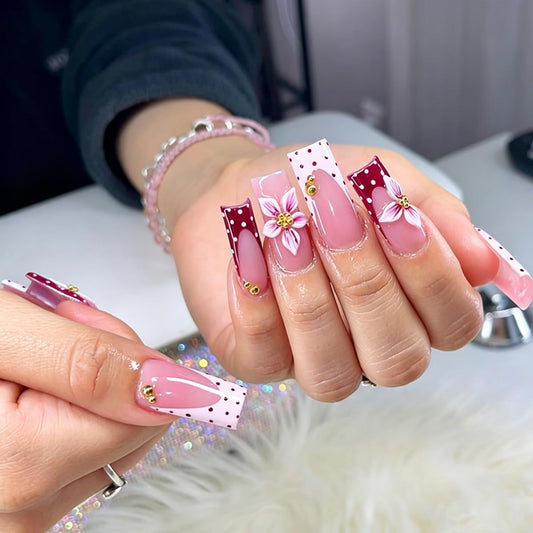 Polka Dot Press on Nails French Tip Fake Nails Long Square Nails Press ons with Flower & 3D Gold Pearl Design Glossy Nude Pink Nail Full Cover Acrylic Glue on Nails for Women Manicure 24Pcs