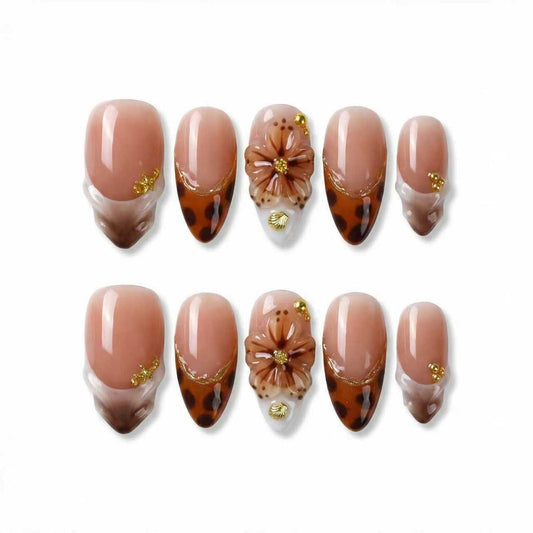 MikaJayboo Handmade Press on Nails Almond Nude Base with Brown French Tip Leopard Print Fake Nails with 3D Flower & Gold Beads for Women Glue on Nails for Daily & Party Wear 10Pcs (Size M)