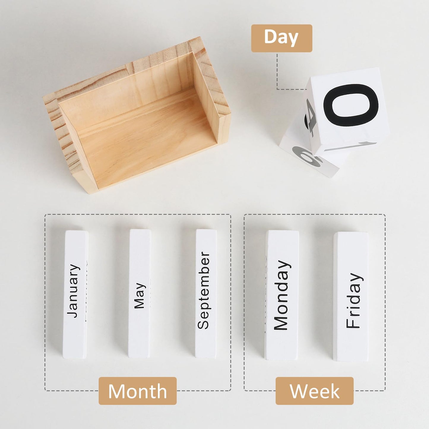 DEERINE Wooden Block Calendar for Desk, Daily Desktop Perpetual Desk Calendar, Cute Date Display Blocks Desk Accessory for Home Office Decor, Teacher, Classroom, Reusable Yearly, Wood Grain