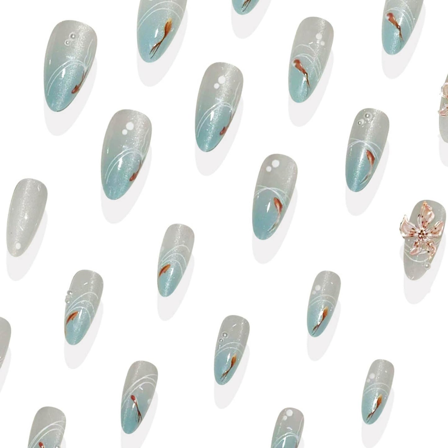 Hkanlre Almond Fake Nails Tips Medium Blue Press on Nails Fish Full Cover False Summer Gradient Nails for Women 24PCS