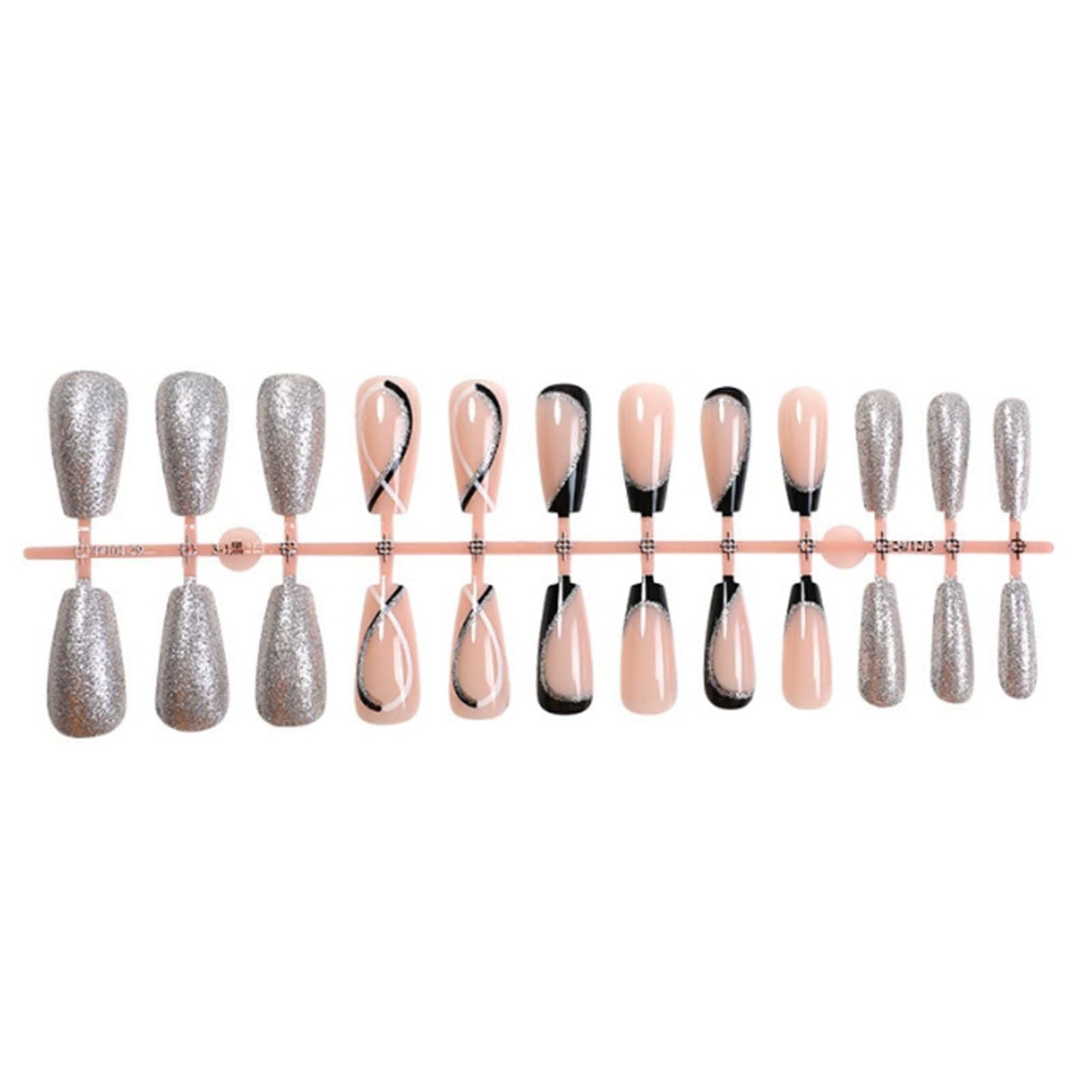 Gifiky False Nails- Swirl Press on Nails Short Coffin Nails Tips Glitter Nude Fake Nails for Women and Girls 24Pcs
